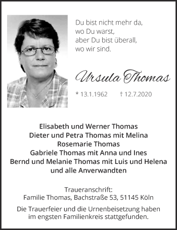 Anzeige von Ursula Thomas von  Kölner Wochenspiegel 