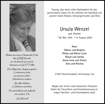 Anzeige von Ursula Wenzel von Kölner Stadt-Anzeiger / Kölnische Rundschau / Express