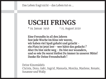 Anzeige von Uschi Frings von Kölner Stadt-Anzeiger / Kölnische Rundschau / Express