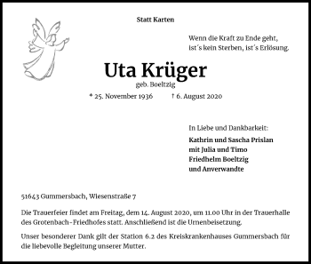 Anzeige von Uta Krüger von Kölner Stadt-Anzeiger / Kölnische Rundschau / Express