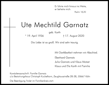 Anzeige von Ute Mechtild Garnatz von Kölner Stadt-Anzeiger / Kölnische Rundschau / Express