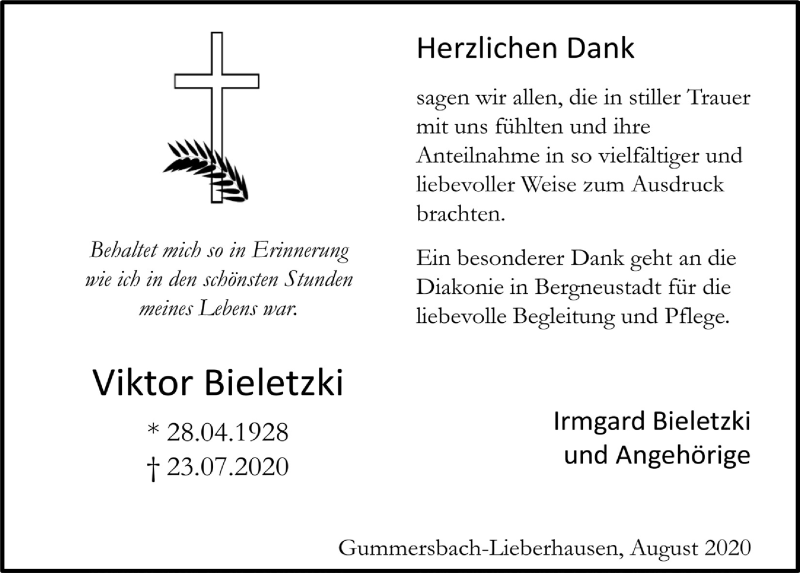  Traueranzeige für Viktor Bieletzki vom 28.08.2020 aus  Anzeigen Echo 