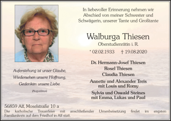 Anzeige von Walburga Thiesen von Kölner Stadt-Anzeiger / Kölnische Rundschau / Express