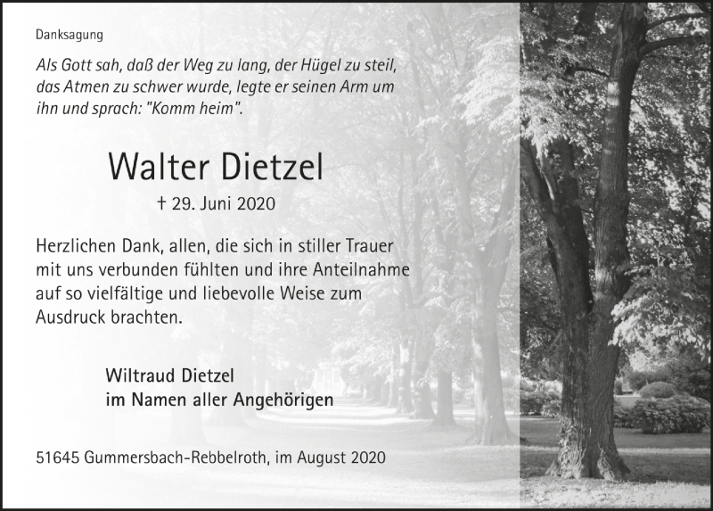  Traueranzeige für Walter Dietzel vom 21.08.2020 aus  Anzeigen Echo 