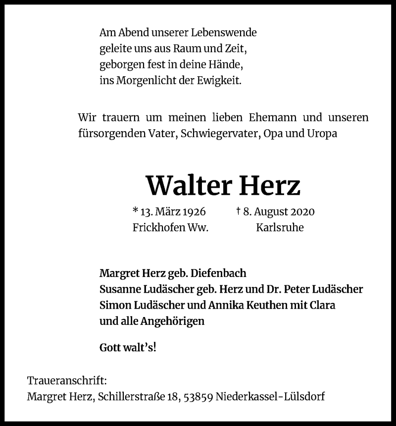  Traueranzeige für Walter Herz vom 15.08.2020 aus Kölner Stadt-Anzeiger / Kölnische Rundschau / Express
