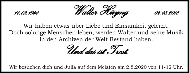  Traueranzeige für Walter Hüyng vom 18.07.2023 aus Kölner Stadt-Anzeiger / Kölnische Rundschau / Express