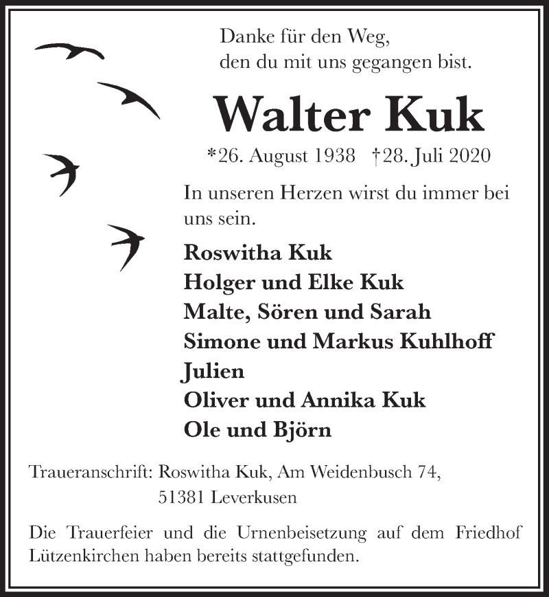  Traueranzeige für Walter Kuk vom 14.08.2020 aus  Lokale Informationen 