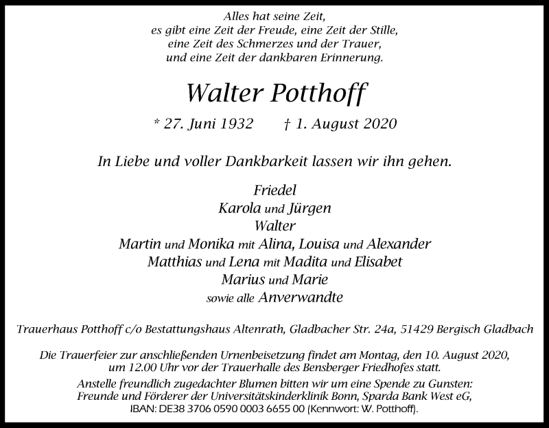  Traueranzeige für Walter Potthoff vom 06.08.2020 aus Kölner Stadt-Anzeiger / Kölnische Rundschau / Express