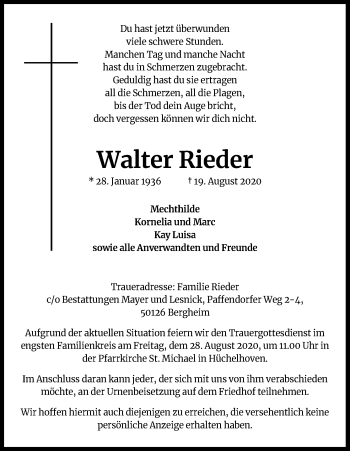 Anzeige von Walter Rieder von Kölner Stadt-Anzeiger / Kölnische Rundschau / Express