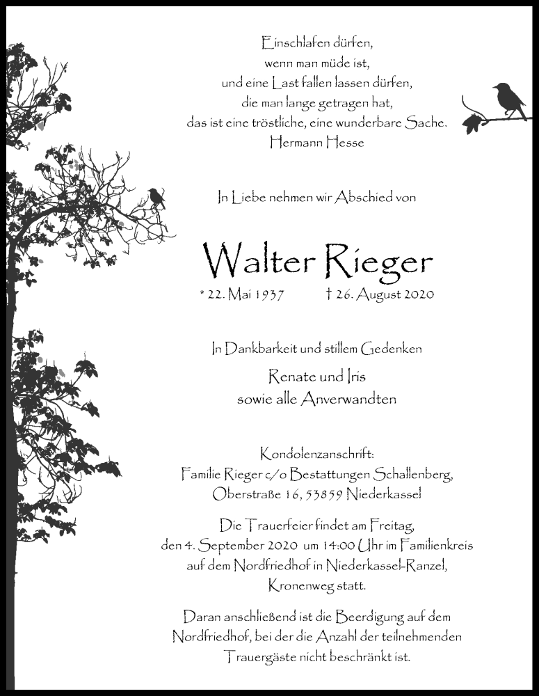  Traueranzeige für Walter Rieger vom 29.08.2020 aus Kölner Stadt-Anzeiger / Kölnische Rundschau / Express
