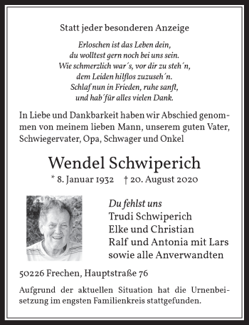 Anzeige von Wendel Schwiperich von  Wochenende 