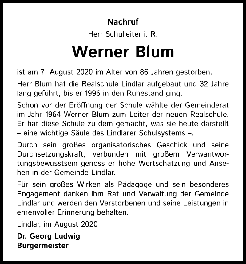 Traueranzeige für Werner Blum vom 19.08.2020 aus Kölner Stadt-Anzeiger / Kölnische Rundschau / Express