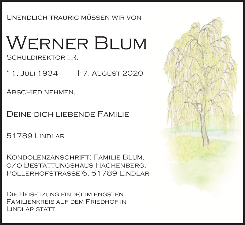  Traueranzeige für Werner Blum vom 15.08.2020 aus Kölner Stadt-Anzeiger / Kölnische Rundschau / Express