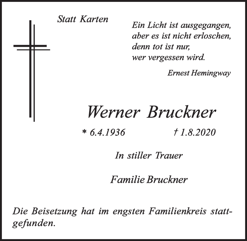  Traueranzeige für Werner Bruckner vom 21.08.2020 aus  Schlossbote/Werbekurier 