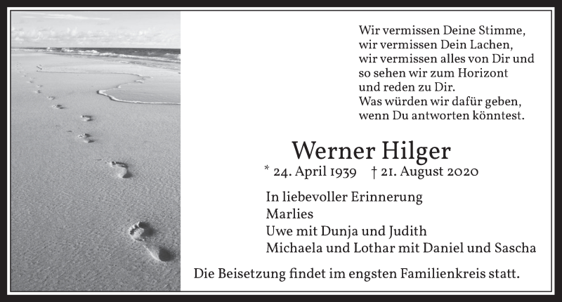  Traueranzeige für Werner Hilger vom 28.08.2020 aus  Werbepost 
