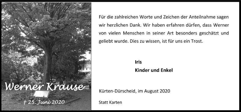  Traueranzeige für Werner Krause vom 07.08.2020 aus  Bergisches Handelsblatt 