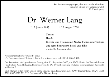 Anzeige von Werner Lang von Kölner Stadt-Anzeiger / Kölnische Rundschau / Express