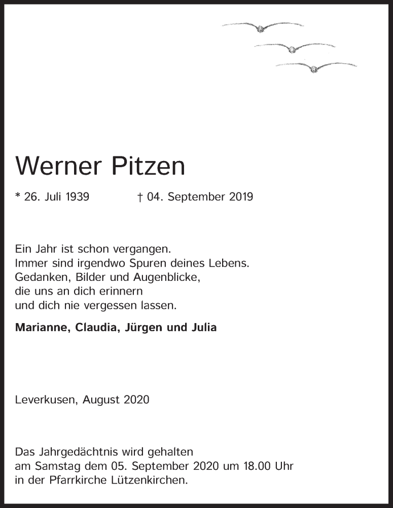  Traueranzeige für Werner Pitzen vom 29.08.2020 aus Kölner Stadt-Anzeiger / Kölnische Rundschau / Express