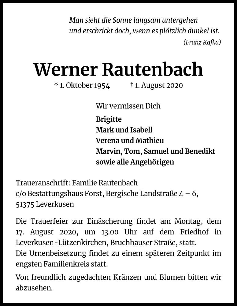  Traueranzeige für Werner Rautenbach vom 08.08.2020 aus Kölner Stadt-Anzeiger / Kölnische Rundschau / Express