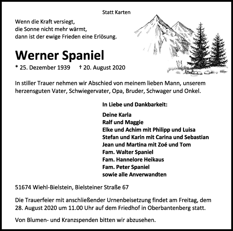  Traueranzeige für Werner Spaniel vom 25.08.2020 aus Kölner Stadt-Anzeiger / Kölnische Rundschau / Express