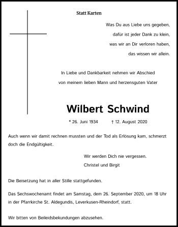 Anzeige von Wilbert Schwind von Kölner Stadt-Anzeiger / Kölnische Rundschau / Express