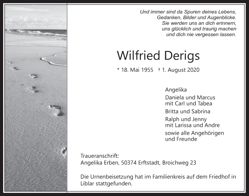 Traueranzeige für Wilfried Derigs vom 28.08.2020 aus  Werbepost 