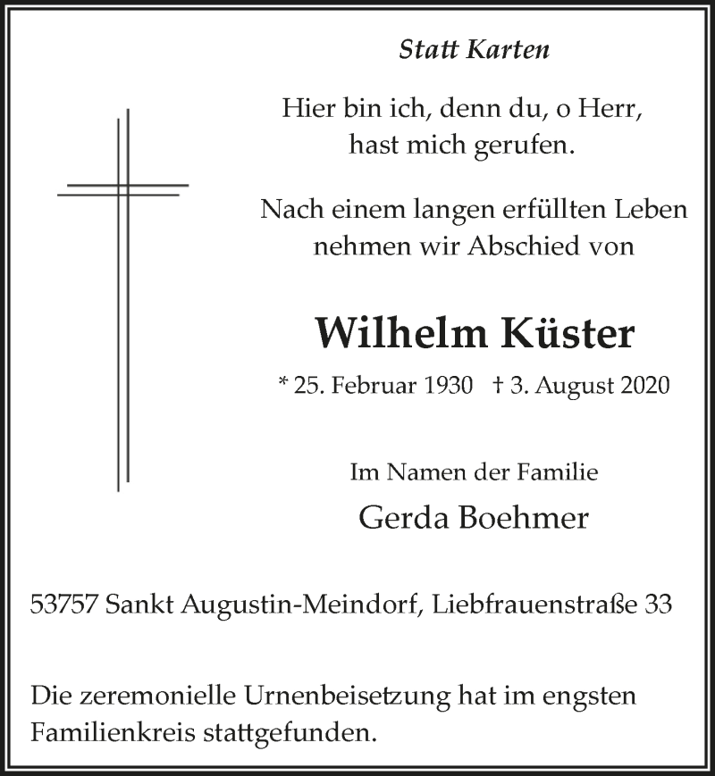  Traueranzeige für Wilhelm Küster vom 21.08.2020 aus  Extra Blatt 