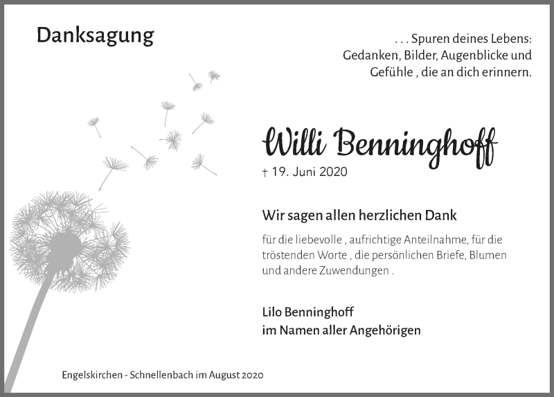  Traueranzeige für Willi Benninghoff vom 07.08.2020 aus  Anzeigen Echo 