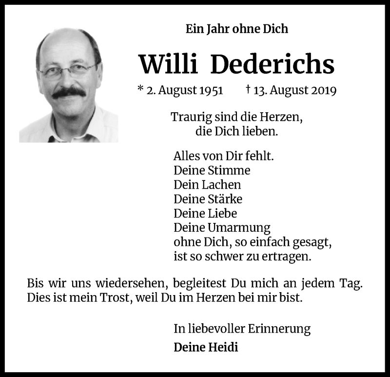  Traueranzeige für Willi Dederichs vom 15.08.2020 aus Kölner Stadt-Anzeiger / Kölnische Rundschau / Express