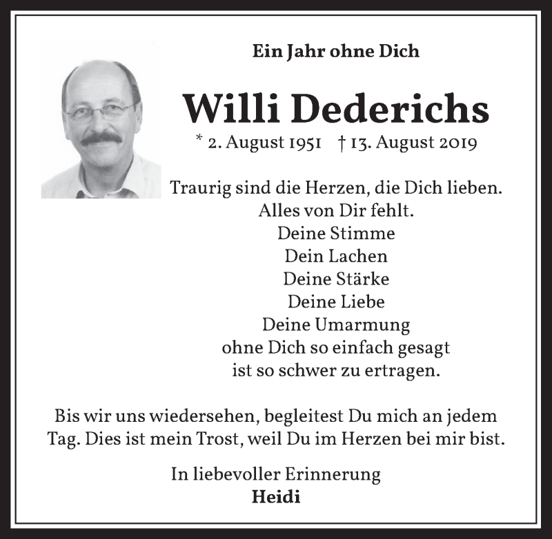  Traueranzeige für Willi Dederichs vom 14.08.2020 aus  Werbepost 
