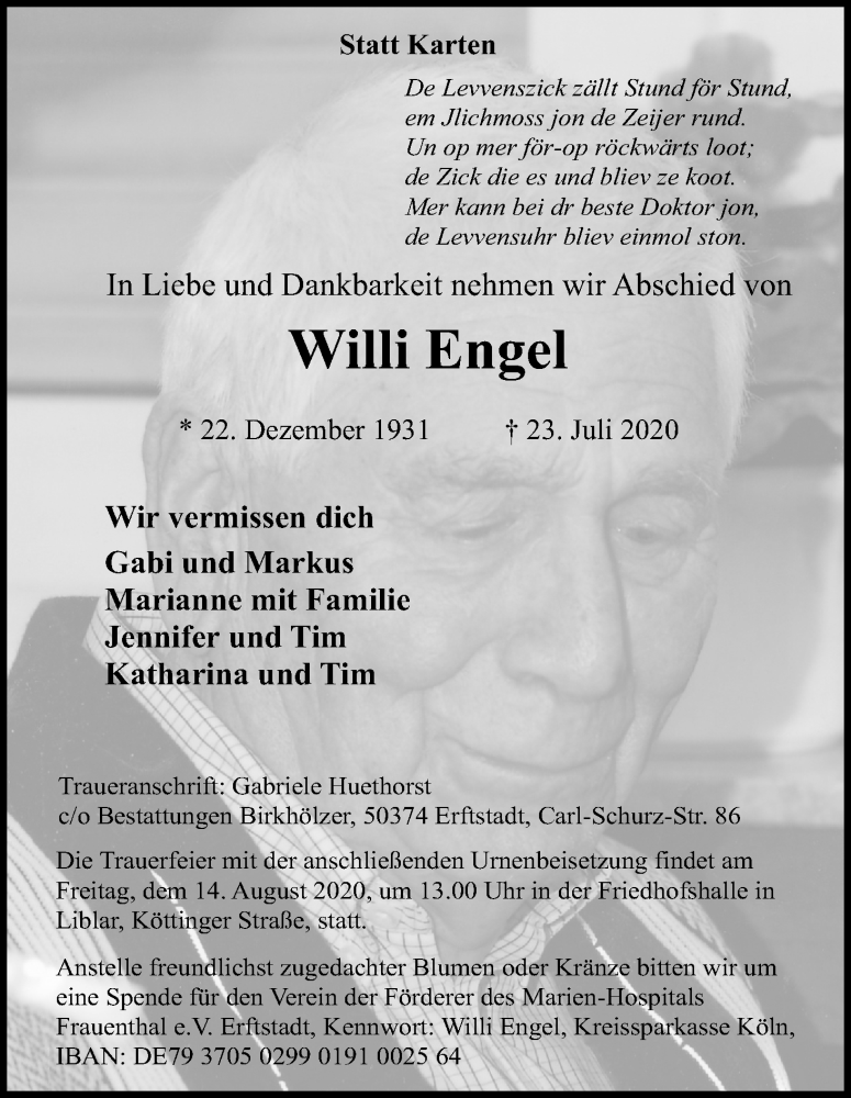  Traueranzeige für Willi Engel vom 08.08.2020 aus Kölner Stadt-Anzeiger / Kölnische Rundschau / Express