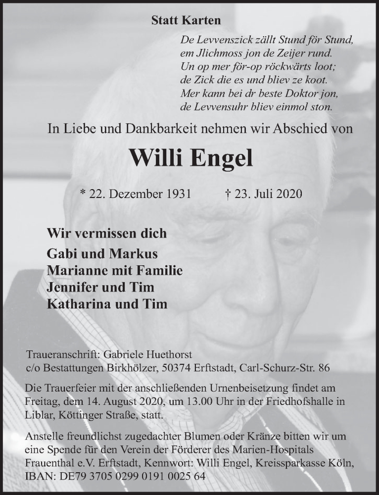  Traueranzeige für Willi Engel vom 07.08.2020 aus  Werbepost 