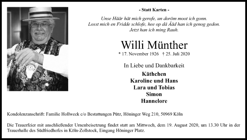 Traueranzeige für Willi Münther vom 15.08.2020 aus Kölner Stadt-Anzeiger / Kölnische Rundschau / Express