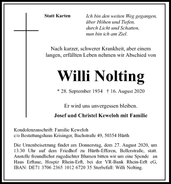 Anzeige von Willi Nolting von Kölner Stadt-Anzeiger / Kölnische Rundschau / Express