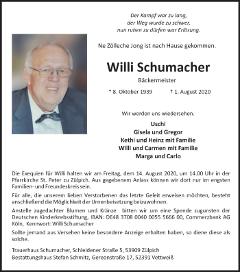 Anzeige von Willi Schumacher von Kölner Stadt-Anzeiger / Kölnische Rundschau / Express