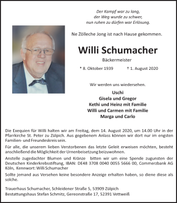 Anzeige von Willi Schumacher von  Blickpunkt Euskirchen 
