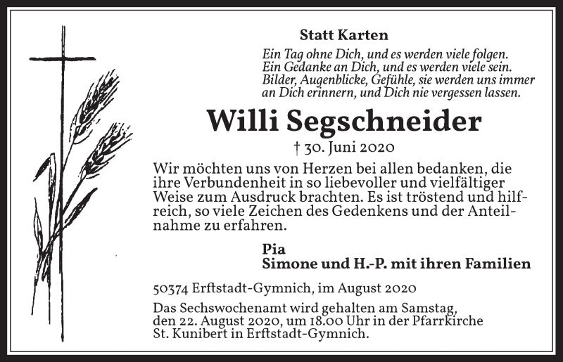  Traueranzeige für Willi Segschneider vom 14.08.2020 aus  Werbepost 