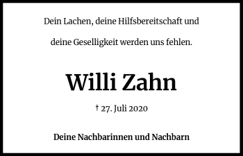Anzeige von Willi Zahn von Kölner Stadt-Anzeiger / Kölnische Rundschau / Express