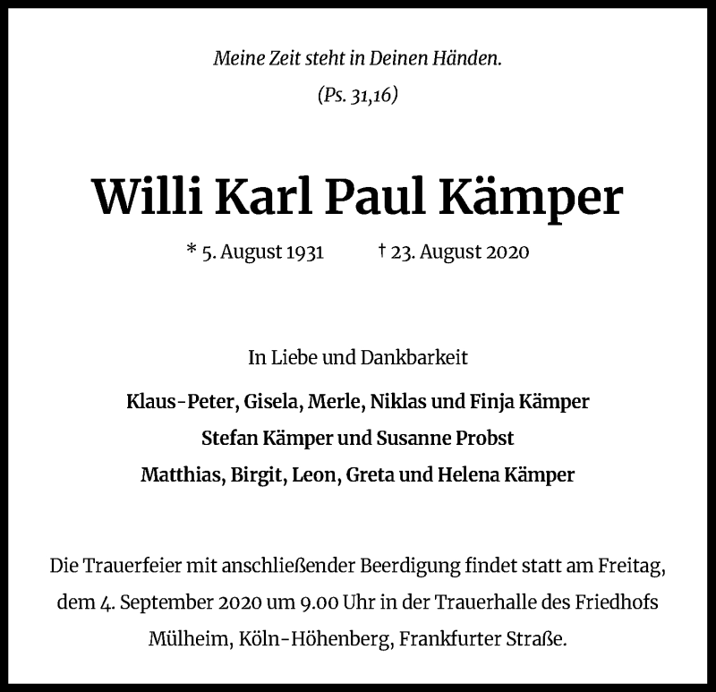  Traueranzeige für Willi Karl Paul Kämper vom 29.08.2020 aus Kölner Stadt-Anzeiger / Kölnische Rundschau / Express