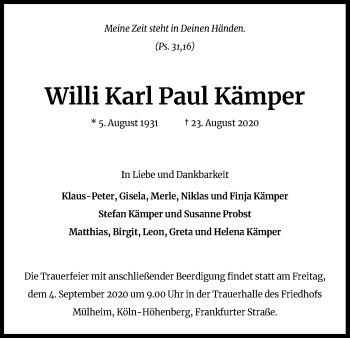 Anzeige von Willi Karl Paul Kämper von Kölner Stadt-Anzeiger / Kölnische Rundschau / Express