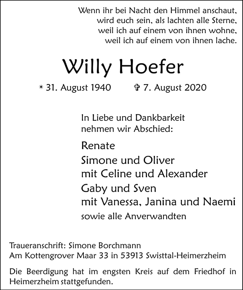  Traueranzeige für Willy Hoefer vom 14.08.2020 aus  Schaufenster/Blickpunkt 