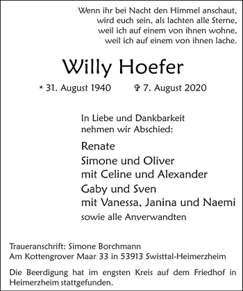 Anzeige von Willy Hoefer von  Schaufenster/Blickpunkt 