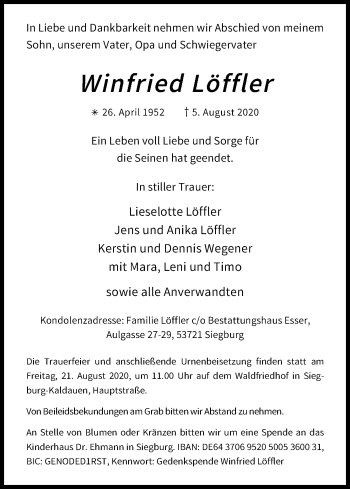 Anzeige von Winfried Löffler von Kölner Stadt-Anzeiger / Kölnische Rundschau / Express