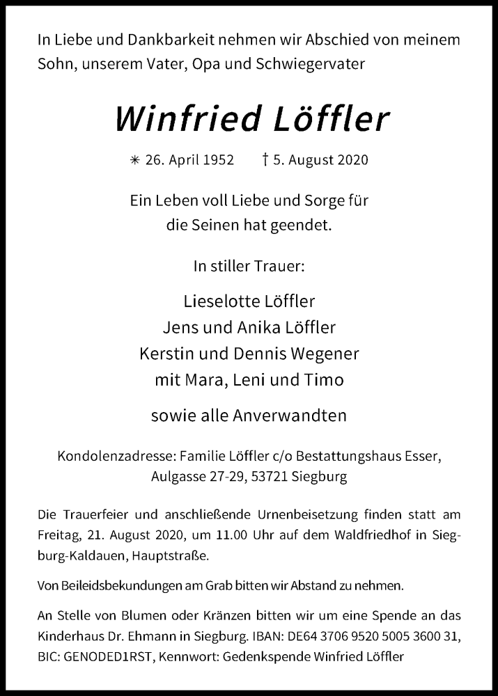  Traueranzeige für Winfried Löffler vom 15.08.2020 aus Kölner Stadt-Anzeiger / Kölnische Rundschau / Express