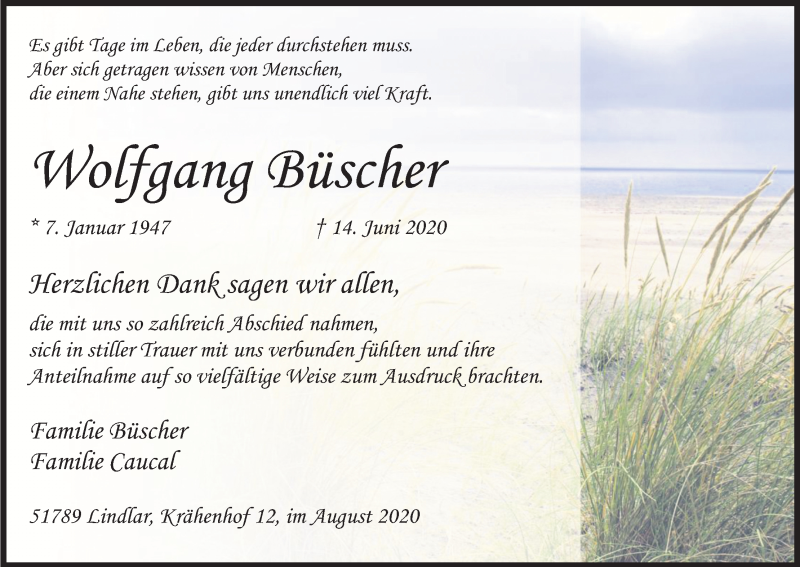  Traueranzeige für Wolfgang Büscher vom 01.08.2020 aus Kölner Stadt-Anzeiger / Kölnische Rundschau / Express