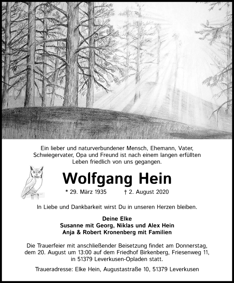  Traueranzeige für Wolfgang Hein vom 15.08.2020 aus Kölner Stadt-Anzeiger / Kölnische Rundschau / Express