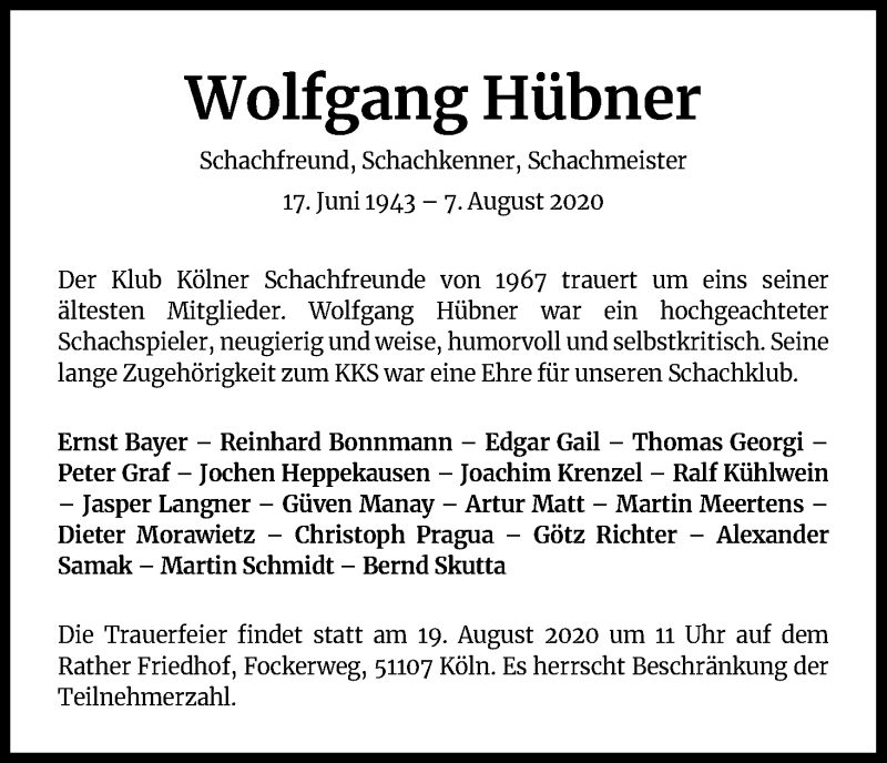  Traueranzeige für Wolfgang Hübner vom 15.08.2020 aus Kölner Stadt-Anzeiger / Kölnische Rundschau / Express
