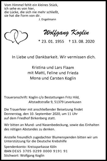 Anzeige von Wolfgang Koglin von Kölner Stadt-Anzeiger / Kölnische Rundschau / Express