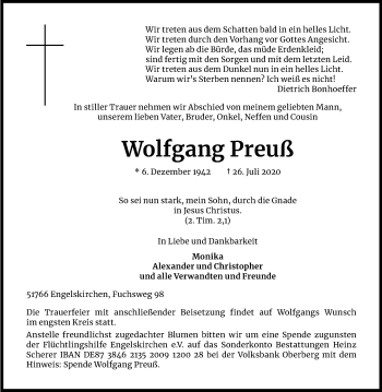 Anzeige von Wolfgang Preuß von Kölner Stadt-Anzeiger / Kölnische Rundschau / Express