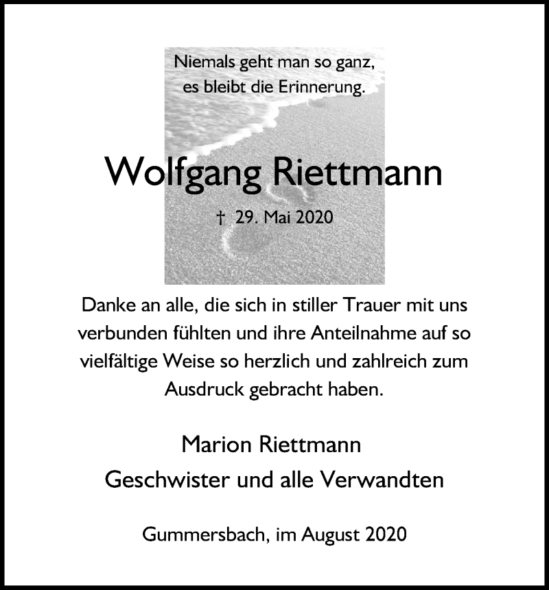  Traueranzeige für Wolfgang Riettmann vom 01.08.2020 aus Kölner Stadt-Anzeiger / Kölnische Rundschau / Express